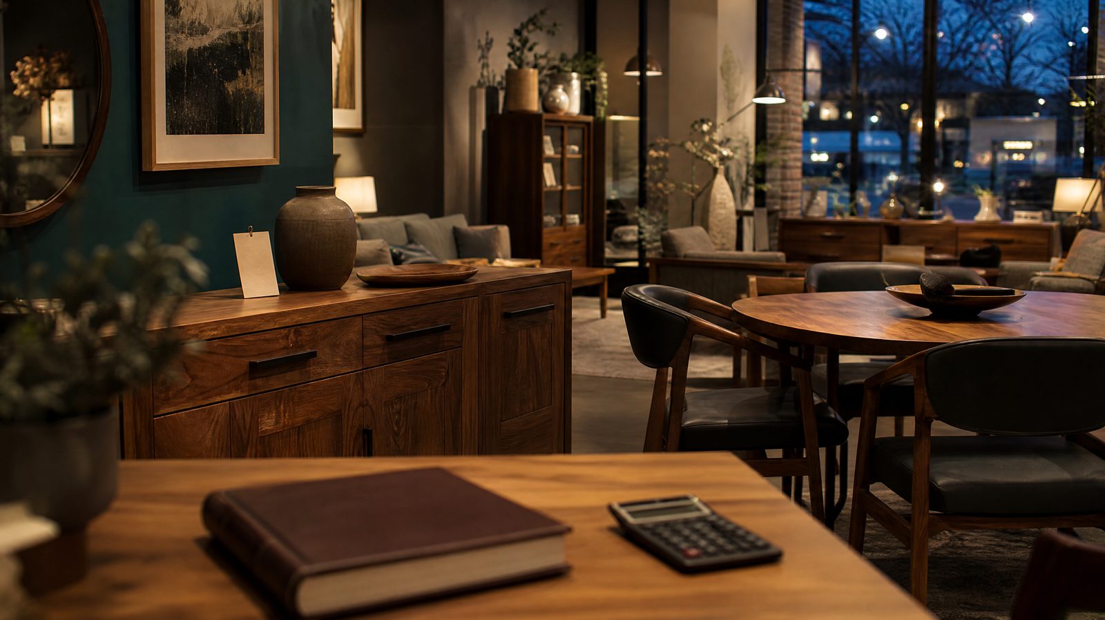 Independent Canadian furniture showroom with a handcrafted wood sideboard and dining set